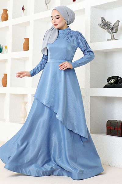 ModaMerve MDY4958 Rochie de seara din satin albastru model
