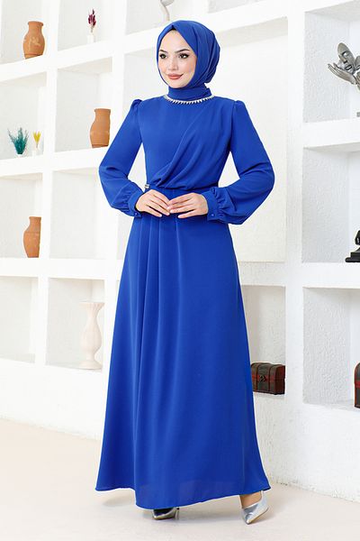 ModaMerve Saks Blue Stone Detailed Evening Dress - EMO6147