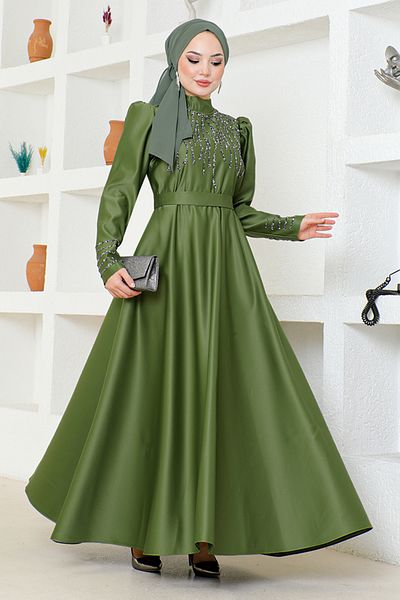 ModaMerve Green Satin Evening Dress - YGS6547