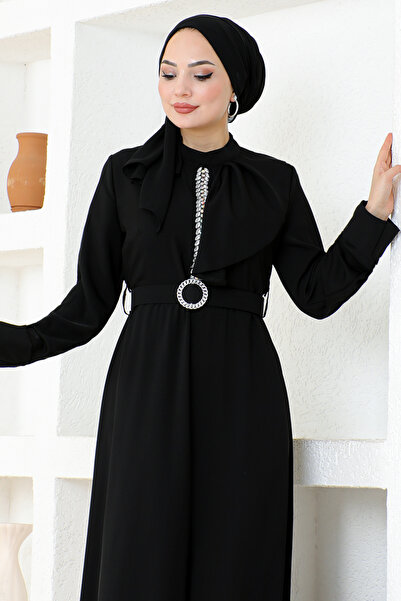 ModaMerve Black Belted Evening Dress - SHD5326