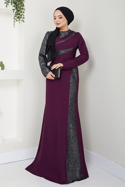 ModaMerve Plum Sequin Embroidered Evening Dress - ASM2710