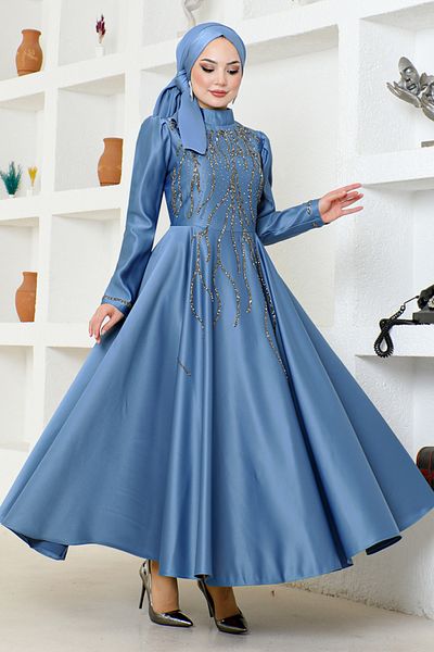 ModaMerve Βραδινό φόρεμα Indigo Satin - Λεπτομέρεια από πέτρα, YGS6357