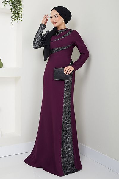 ModaMerve Plum Sequin Embroidered Evening Dress - ASM2710