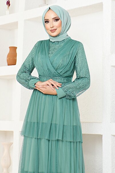 ModaMerve Mint Lace Tulle Evening Dress - MDY4918