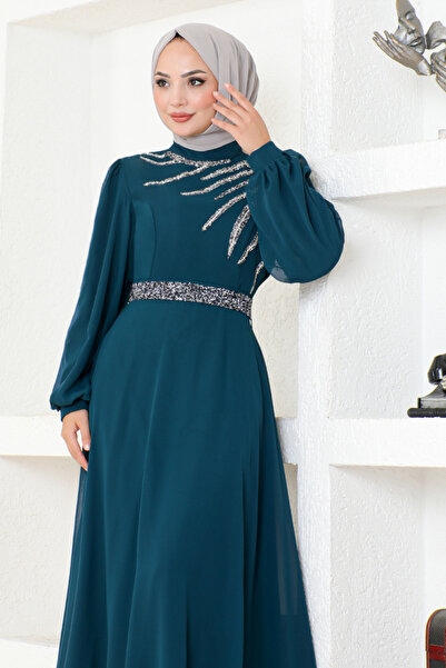 ModaMerve Petrol Color Stone Detailed Evening Dress LPN6025
