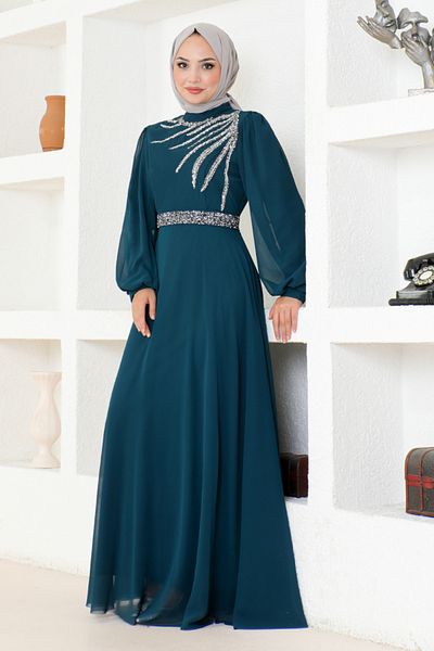 ModaMerve Petrol Color Stone Detailed Evening Dress LPN6025