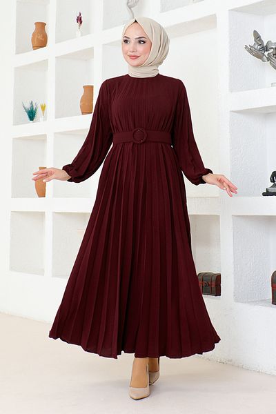 ModaMerve Burgundy Belted Dress - HBS9897