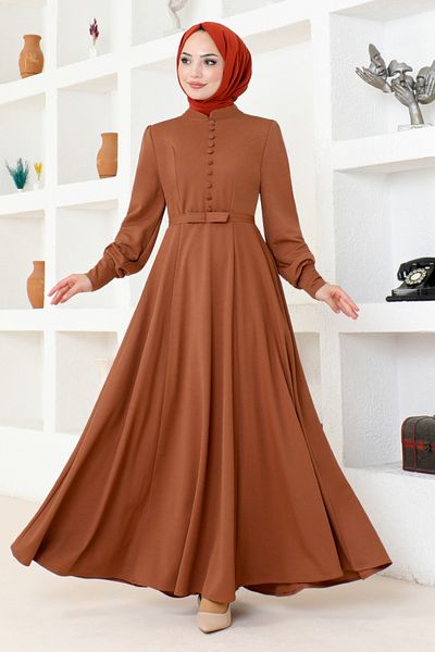 ModaMerve فستان أسمر مزين بأزرار - DVL266