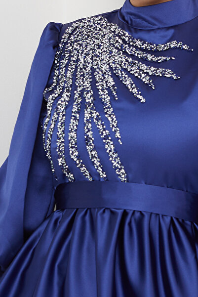 ModaMerve Indigo Satin Evening Dress - LPN6041