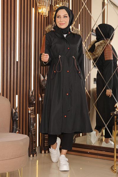 Modamihram Brown Garni Detailed Coat - MİH10385