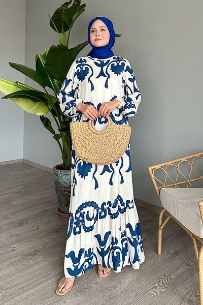 InStyle Saks Blue Single Patterned Viscose Dress