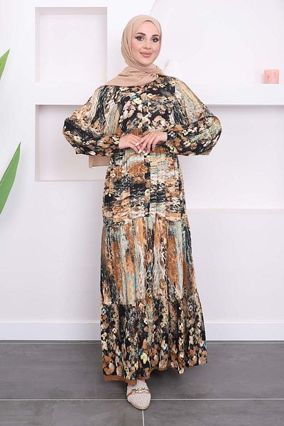 İmajButik Brown Viscose Dress with Judge Collar Pattern