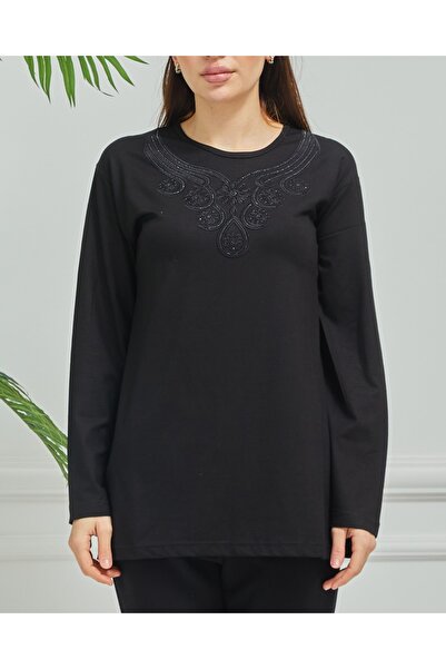 Stilmony Women's Mother Black Embroidered Casual Middle Age Combed Cotton Blouse