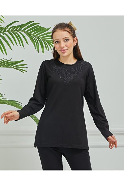 Stilmony Women's Mother Black Embroidered Casual Middle Age Combed Cotton Blouse