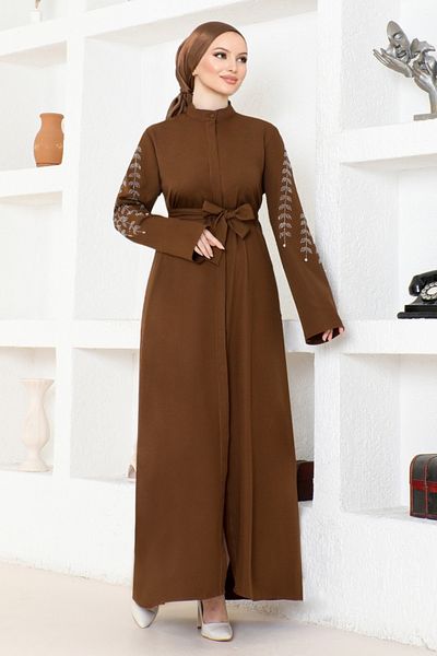 ModaMerve ASN171 Model Brown Belted Ferace