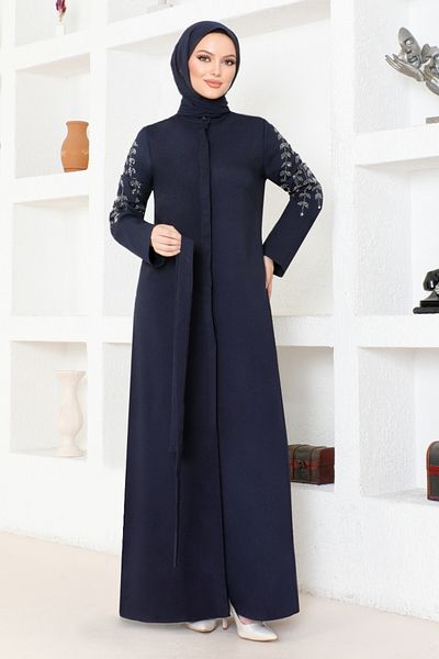 ModaMerve Navy Blue Belted Ferace - ASN171