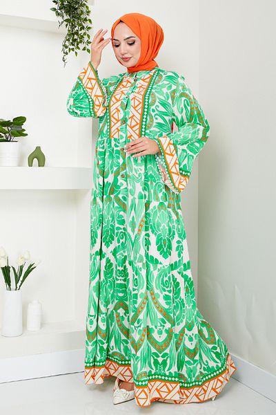 ModaMerve Green Patterned Dress - MDP7114