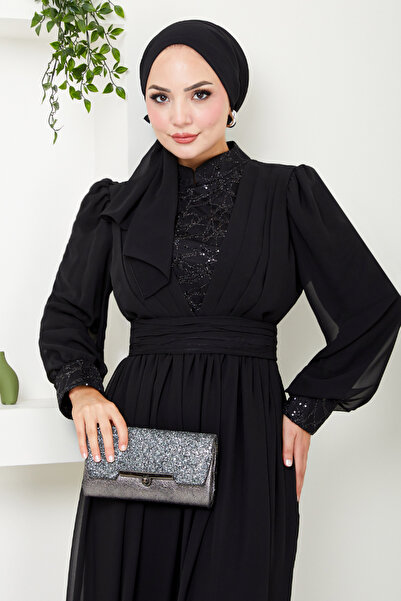 ModaMerve Black Sequin Chiffon Evening Dress - YGS4020