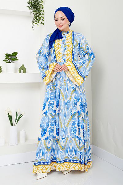 ModaMerve Blue Patterned Dress - MDP7114
