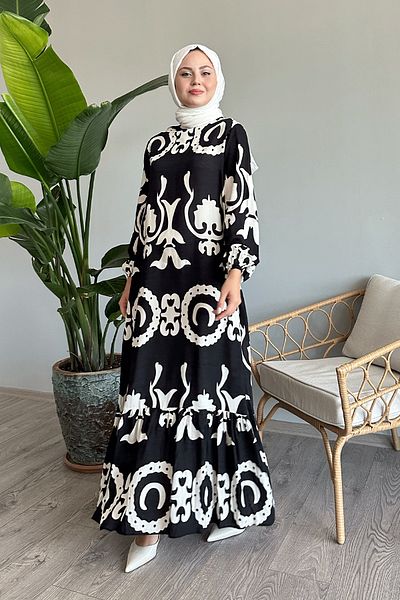 InStyle Vâscoză neagră - Rochie cu modele de o singură culoare