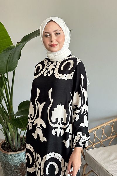 InStyle Vâscoză neagră - Rochie cu modele de o singură culoare