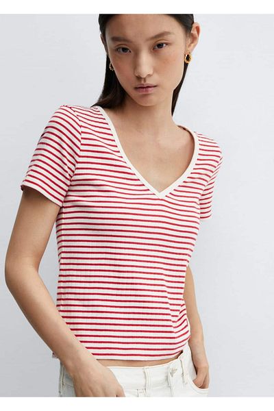 MANGO Woman Tricou cu dungi cu decolteu în V
