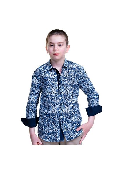 Exve Exclusive Cămașă albastră pentru copii cu model Paisley, cu detaliu interior la guler la mânecă