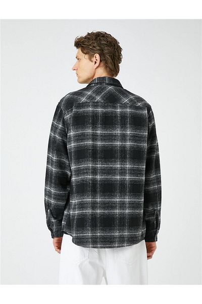 Koton 4wam60007hw 9c9 Black Plaid Men's Acrylic Woven Tops Long Sleeve Shirt