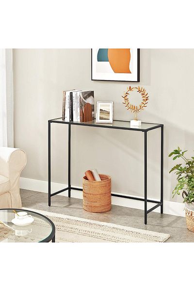 Mahmayi Vasagle Modern Console Table, Tempered Glass, Black Metal Frame, Adjustable Feet, Easy Assembly