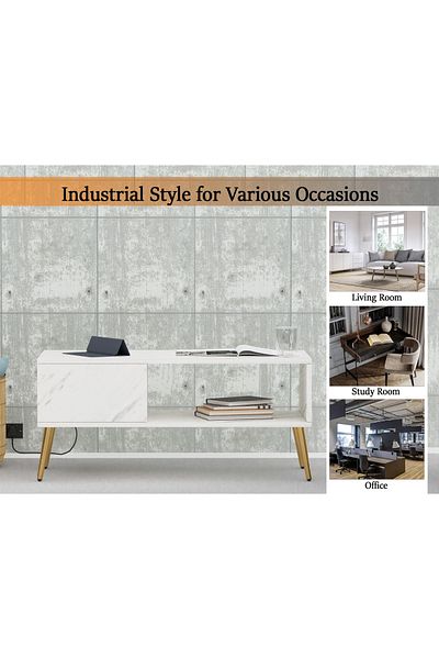 Mahmayi Modern Coffee Table with USB Port & Storage - White Levanto Marble Finish