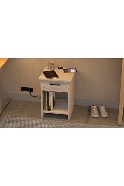 Mahmayi Modern White Marble Nightstand w/ USB Ports, Drawer & Shelves - Easy Assembly, Versatile Use