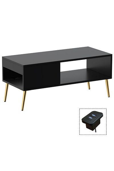Mahmayi Modern Black Coffee Table w/ USB Port & Storage - Ideal for Living Room, Study, Office