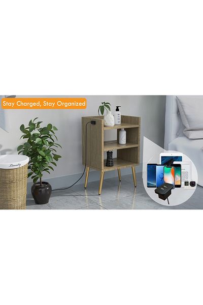 Mahmayi Modern Grey Night Stand with USB Ports & 3 Open Shelves for Living Room/Bedroom