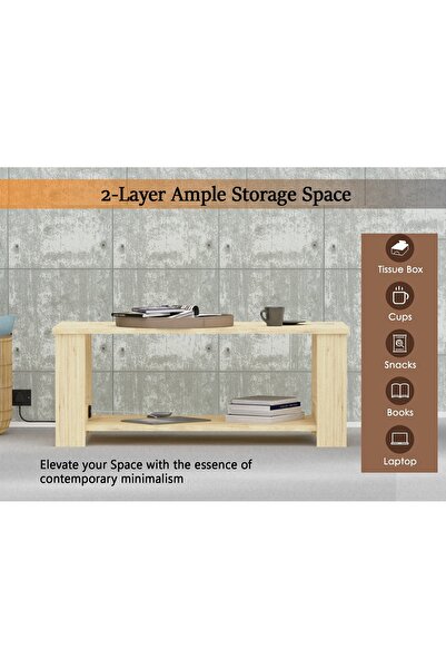 Mahmayi Modern Coffee Table with 2-Tier Storage & USB Port - Natural Davos Oak