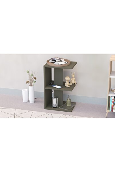 Mahmayi E-Shape Night Stand with USB Ports & 3 Shelves - Lava Grey, Easy Assembly, Lightweight