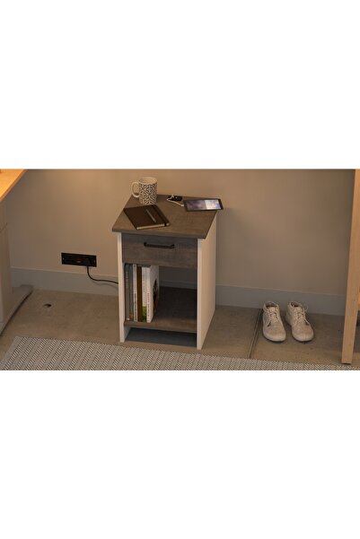 Mahmayi Modern Nightstand with USB Ports, Drawer, Open Shelves - Anthracite/White, Easy Assembly