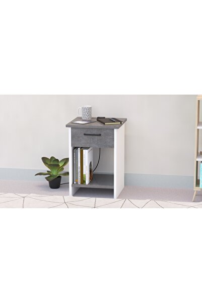 Mahmayi Modern Nightstand with USB Ports, Drawer, Open Shelves - Anthracite/White, Easy Assembly
