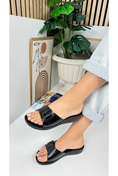 İmerShoes Daily Women's Black Slippers Buckle Heels Comfortable Soft Sole Oval Toe Shoes 323