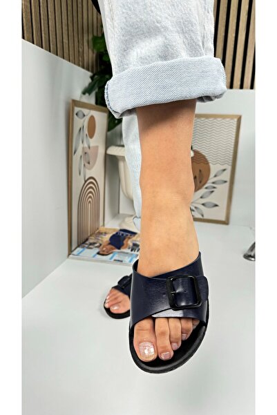 Nstil Daily Women's Navy Blue Slippers Buckle Heels Comfortable Soft Sole Oval Toe Shoes 323