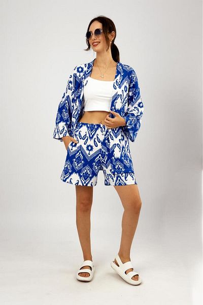 Betimoda Saks Blue 2 Piece Set - Lycra Wrapped Fabric, Loose Loose Shorts Summer Set
