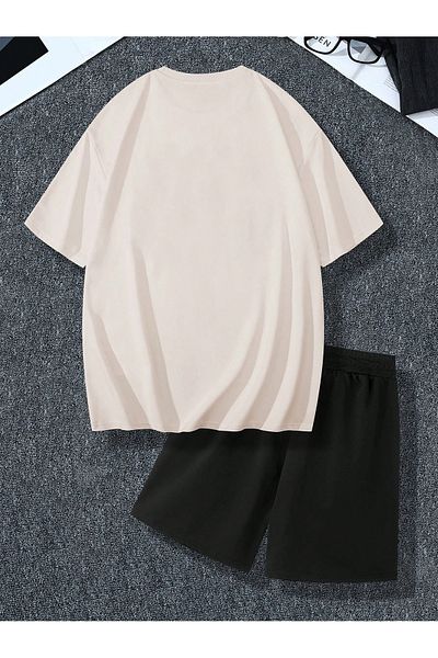 modaberry WhiTe Black T-Shirt and Shorts SeT - PrinTed Crew Neck