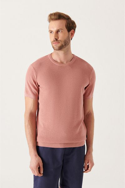 Avva Men's Dusty Rose Textured Slim Fit Narrow Cut Knitwear T-shirt E005010