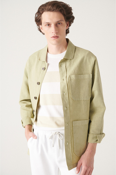 Avva Pánská zelená lněná košile se třemi kapsami A21y6030