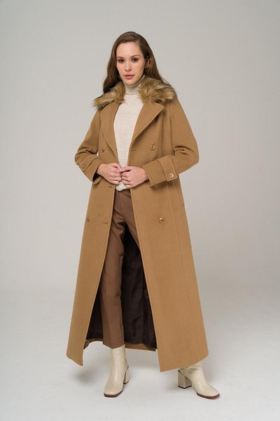 Olcay Furry Double Breasted Coat with Detachable Collar KAMEL 3991