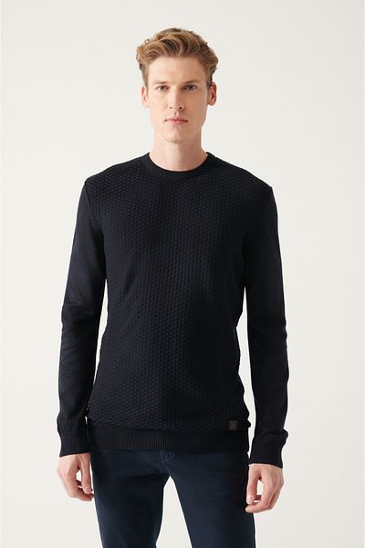 Avva Men's Navy Blue Crew Neck Front Textured Regular Fit Knitwear Sweater A22y5070
