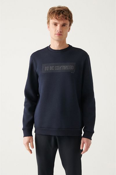 Avva Men's Navy Blue Crew Neck 3 Thread Fleece Inside Printed Regular Fit Sweatshirt