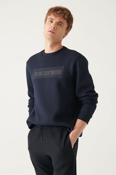 Avva Men's Navy Blue Crew Neck 3 Thread Fleece Inside Printed Regular Fit Sweatshirt
