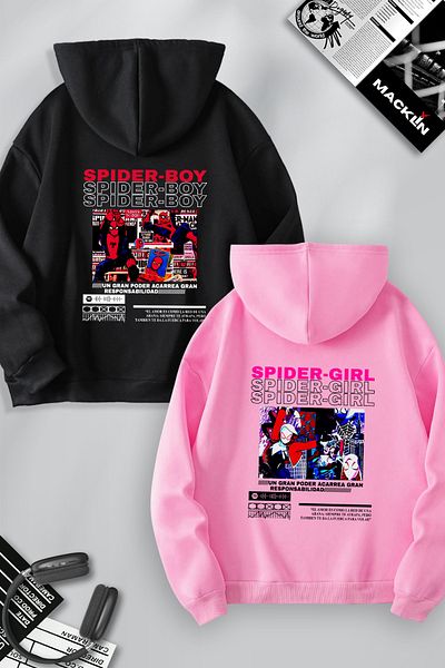 macklin lover Couple Combination - Spider Boy and Girl Back Printed Hooded Sweatshirt Set