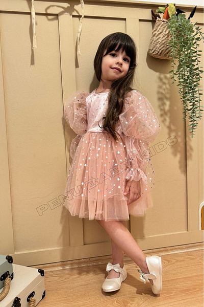 penu baby kids Rochie pentru fetiță cu mâneci lungi cu balon, stratificată, cu model de stea - Star