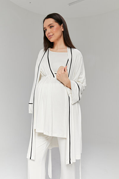Lohussa Kadın Ekru Özel Tasarım  Yazlık % 100 Pamuk Hamile Lohusa Sabahlık Pijama Takımı 3'lü Set
